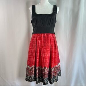 Fit & Flare Dress with Satin Black Top and Red Skirt with Paisley and Lace Trim